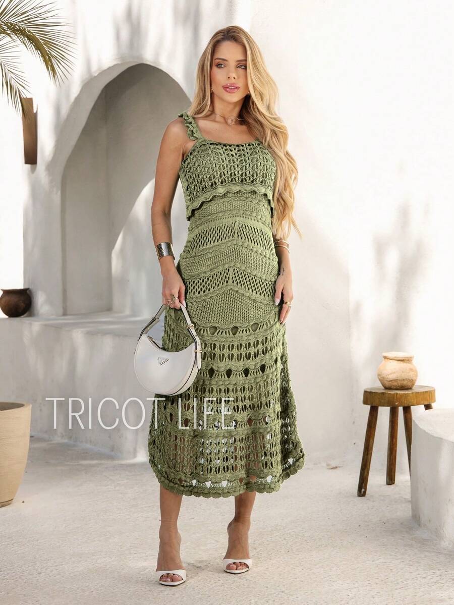 Women's Crochet Midi Dress, Lined, Elegant, New Year's Eve Party, Casual, Batal, Wedding, Gender Reveal - 橄欖綠 - 查看 1