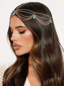 1件极简复古波西米亚风仿绿松石流苏发箍，时尚金链发饰，适合女性日常及节日佩戴，头饰，头部饰品，发饰，发藤链，女士饰品，金色头饰，婚礼，发饰，准新娘 - 彩色 - 查看 5