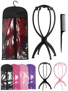 4PCS Wig Stand Kits - Wig Bags Storage With Hanger+Wig Stand, Wig Bags Storage With Hanger, Portable Collapsible Holder Durable Wig Display Tool Travel Stand For All Wigs - Multicolor - View 2