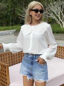 Livesso Eyelet Embroidery Statement Collar Flounce Sleeve Blouse,Long Sleeve Tops,Fall Women Clothes