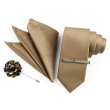 ZONFAZ 男士商务时尚领带四件套，1200针缎面材质，包含领带、口袋巾、胸针、领带夹，适合婚礼、派对、约会等各种场合，是送给男士的最佳礼物。 - 駝色 - 查看 2
