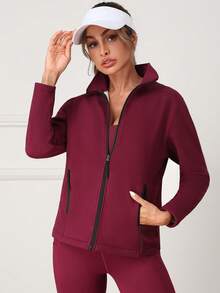 Damen Outdoor Fleecejacke, einfarbig, modisch-Lässig mit Taschen, dick gefüttert, slim fit, geeignet für Herbst/Winter Yoga, Fitness, Laufen, Outdoor-Sport, Rot