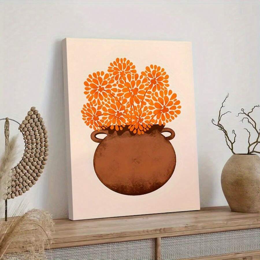 1pc, Abstract Floral Canvas Wall Art, Modern Bohemian Orange Flower Pot Print, Botanical Decor For Living Room Bedroom Office, Minimalist Aesthetic Home Artwork, Solid Wood Frame Painting, Easy To Install - 111 - 查看 1