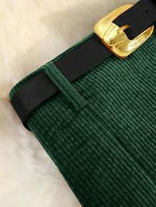 EARO 秋冬休闲百搭街头灯芯绒高腰松紧腰A字裙，时尚优雅设计，及膝 - 綠色 - 查看 4