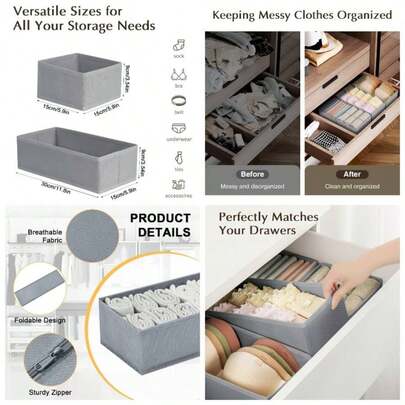 Drawer Organisers 4 Pack Foldable Storage Box, Fabric Wardrobe Storage, Dresser Drawer Dividers Cubes Bras, Socks, Underwear, Ties, Scarves,