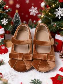 1 Pair Girls/Toddlers Mary Jane Bow Flat Shoes, Warm Indoor/Outdoor Party Holiday Flats Suitable For Christmas Party