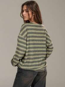 PETITE,Oversized Crew Neck Striped Jumper Spring Casual Y2k 90's Stripe Oversized Airport Fall Autumn Winter Everyday Work Chic Sweater - Mint Green - View 2