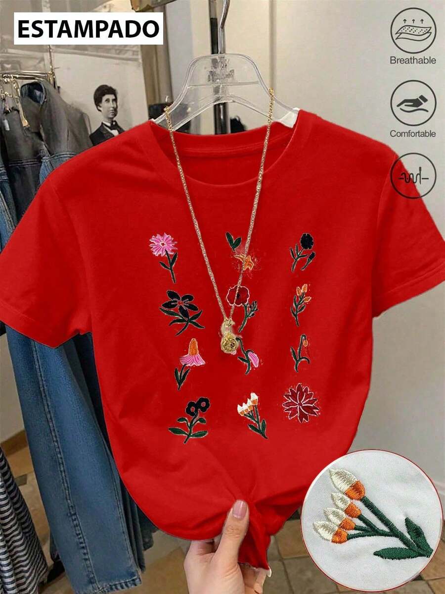 Camiseta estampada mujer cuello redondo y mangas cortas, uso casual diario tshirts para mujeres Flores varias - Rojo - Ver 1