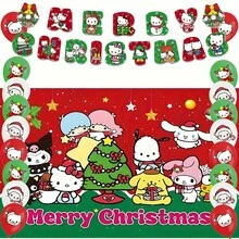 Decoraciones de fiesta de Sanrio - Globos de fiesta de Navidad con diseño de Hello Kitty, fondo de pantalla de Navidad Kawaii de Hello Kitty, banderín de Navidad de Hello Kitty, decoración colgante de pared de Hello Kitty, decoraciones de fondo para fotos de reunión de fiesta