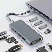11 合 1 Type-C 转 HDTV+VGA USB 扩展坞，多端口 USB 集线器，三显示屏，带双 HDTV、VGA、PD、以太网、3 * USB、麦克风/音频、SD/TF 读卡器，兼容 MacBook Windows 和其他 USB 笔记本电脑