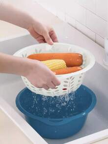 2-Layer Drain Basket, Kitchen Vegetable Fruit Washing Bowl, Draining, Storage, Cleaning - Multicolor - View 3