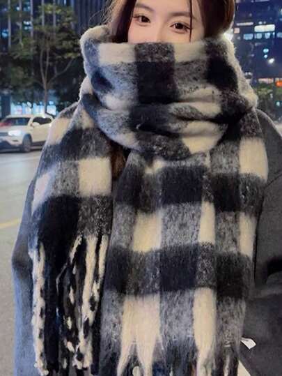 Women's Plaid Cashmere-Blend Double-Sided Scarf, Warm Wrap Shawl For Autumn And Winter, Fashionable Heart Plaid Pattern