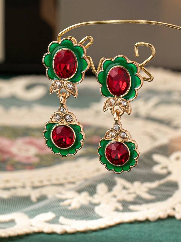 New Vintage Earrings, Niche Retro Palace Style Flower Glazed Fashionable Elegant Earrings