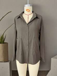 قميص بياقة منسوجة مقاس كبير، أكمام طويلة منسدلة، أزرار وجيب، طول عادي، خريفي - رمادي غامق - مشاهدة 3