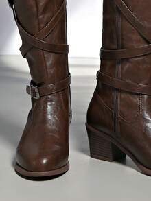 2025 Autumn New Metal Buckle Stacked Heel Boots, Thick Sole Desert Western Over-The-Knee Cowgirl Boots For Women, Side Zipper, Festive