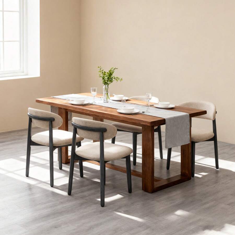 Mid-Century Modern Cotton Linen Dining Chairs Set Of 4, Ergonomic Upholstered Side Chairs With Soft Cushions, Solid Wood Legs, 300lbs Weight Capacity, Comfort Padded Dining Chairs For Kitchen Dining Room Living Room,Beige - Màu be - Xem 1
