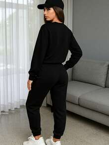 Conjunto de pants  Sudadera y pantalón  Felpa suave  Cuello redondo Estilo cómodo  Conjunto deportivo - Negro - Ver 4