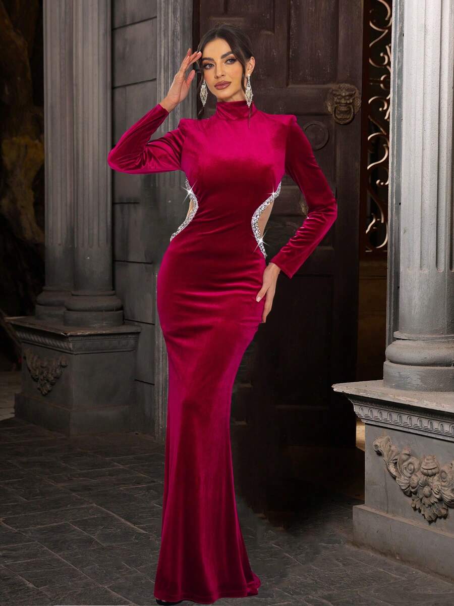 Romagic 女士水钻立领天鹅绒晚礼服性感镂空全袖及地美人鱼舞会礼服 - 酒紅色 - 查看 1