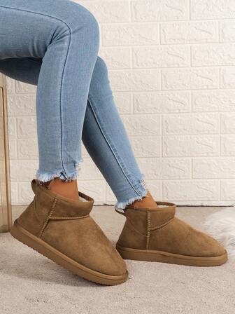 Botas de nieve para mujer de unicolor, informales, de tobillo, con forro de peluche cálido, antideslizantes, livianas y cómodas, con suela gruesa, aptas para otoño/invierno