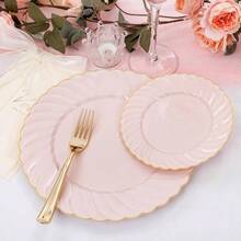125PCS Scalloped Plastic Plates - Ivory Scalloped Disposable Plates - Gold Plastic Dinnerware Set Include 50 Plates, 75 Gold Silverware Party Wedding Thanksgiving - 粉色 - 查看 7