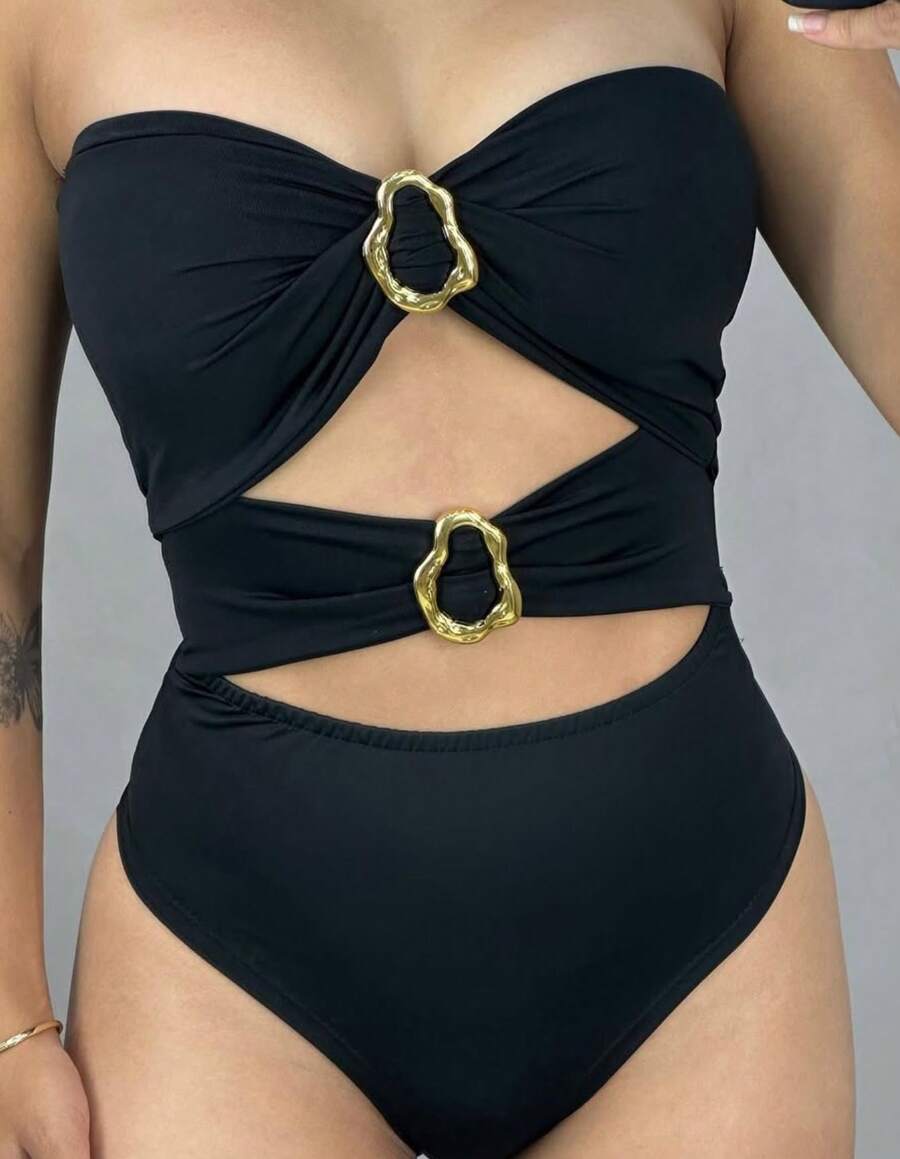 Women's Suplex Bodysuit Double Buckle Organic Sensual Mods Blogger Luxury - 黑色 - 查看 1