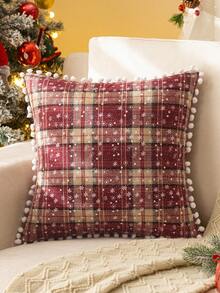 Christmas Snowflake & Plaid Print Pom Pom Trim Cushion Cover Without Filler - Nhiều màu - Xem 9