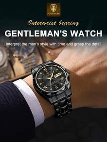 POEDAGAR 1件装时尚男士不锈钢防水夜光手表，带星期和日期显示功能，商务石英表，带表盒，休闲男士腕表，适合日常场合，男士礼物