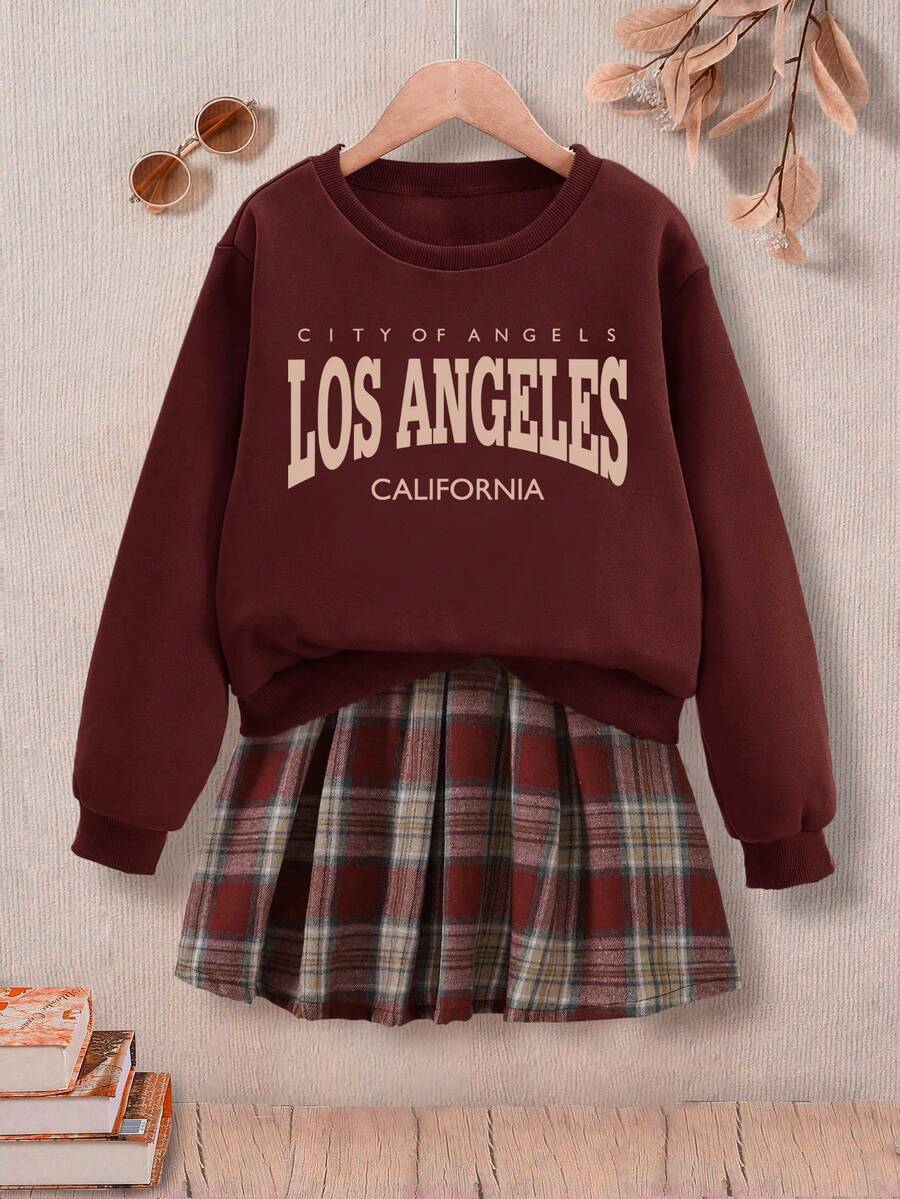青少年女孩字母图案印花圆领长袖上衣和格子迷你裙套装