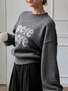 Livesso Women's Sparkly Sequin Letter Decor Loose Fit Round Neck Sweater,Fall Clothes Carnival - Grey - View 4