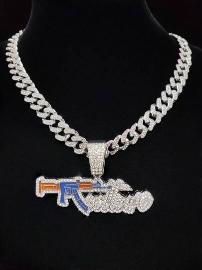 قلادة بتصميم حرف وطراز مسدس مرصعة بالكامل بسلسلة كوبية مقاس 13 مم، قلادة بتصميم حرف وطراز مسدس لرجال الهيب هوب والروك والشارع، قلادة بنكهة البانك والرجعية، مناسبة للارتداء اليومي أو الحفلات، هدية عيد الحب، خيارين للسلسلة