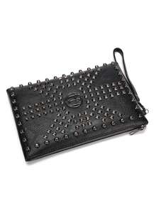 1 pezzo Borsa clutch in pelle PU nera con borchie, decorazione in metallo a forma di croce/lettera, borsa da uomo personalizzata e cool, borsa da polso per il business, adatta per telefono, contanti, chiavi, occhiali, adatta per lavoro, pendolarismo, riunioni, viaggi di lavoro, shopping, essenziale per lavoratori d'ufficio, regalo per uomo, marito, capo, regalo per vacanze, Ognissanti, Ringraziamento