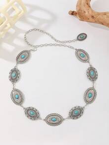 Bohemian Vintage Alloy Oval Turquoise Waist Chain, Waist Belt For Dress, Coat, Suitable For Wedding, Spring/Summer/Autumn/Winter