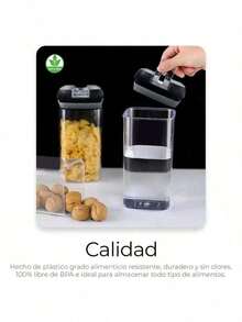 Super Calidad Almacenamiento Juego de 7 Recipientes Hérmeticos de Plástico Premium Libres de BPA para Almacenamiento de Alimentos, en 4 Tamaños con Tapas Faciles de Abrir, para Especias, Cereales y mas (Tapa Negra) - Transparente - Ver 2