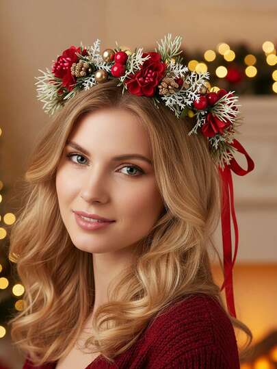 1pc Fashion Party Christmas Artificial Flower Leaf Floral Wreath Headband, Suitable For Holidays, Great Gift For Girlfriend, Teacher, Hawaiian Outfit For Women, Hair Accessories, Coronas, Tiara, Costume Crown