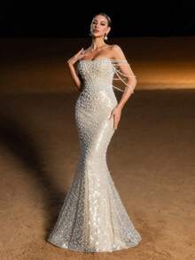 Elisanya Elegant Off-Shoulder Mermaid Evening Gown With Layered Pearl Chains & Shimmering Sequins - Champagne - View 9