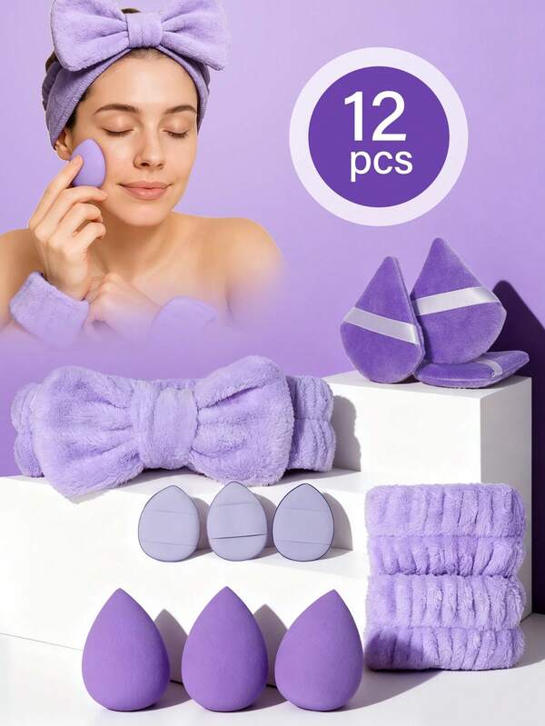12pcs Facial Cleansing Makeup Tool Set, Face Washing Headband, Wristbands, Triangular Powder Puffs, Water Drop Shape Makeup Sponges, And Mini Makeup Sponges, Suitable For Washing Face, Facial Cleaning, Make-Up, Makeup Removal, Travel, Fits All Skin Types(Pink,Purple)