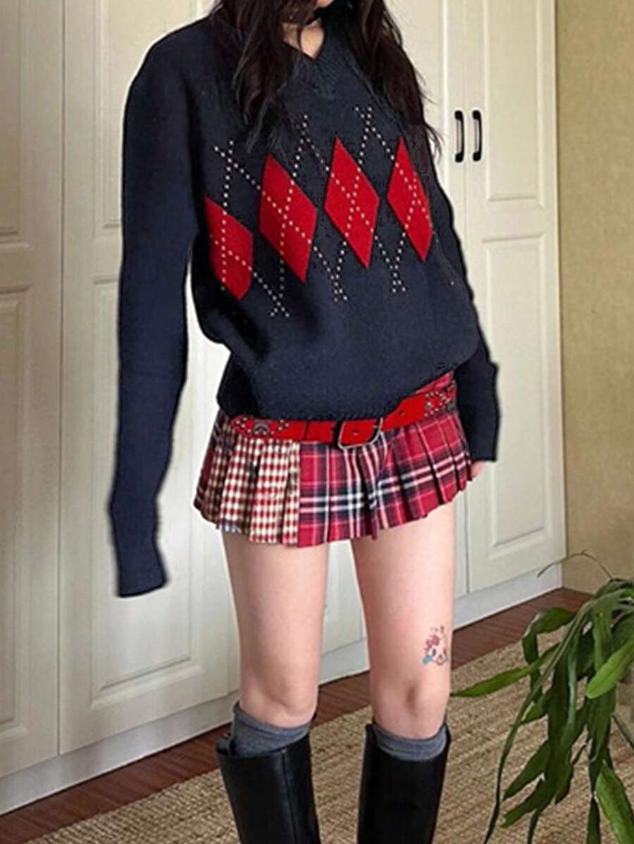 女士经典菱形针织毛衣、红蓝格子上衣，适合冬季穿着 - 藏蓝色 - 查看 1