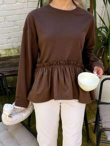 Livesso 女式拼接荷叶边圆领长袖褶皱简约休闲宽松 T 恤，秋季服装 - 棕色 - 查看 5