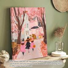 1 pieza Pintura de pared de bruja rosa de Halloween, Pintura de tres niñas pidiendo dulces, arte de pared raro y lindo, imprimible de otoño para habitación de niñas (Marco opcional)