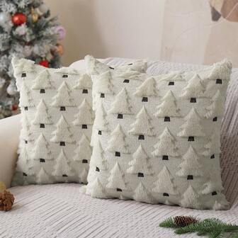 1pc Christmas Throw Pillow Covers 18x18 Inch Decorations, 3D Soft Plush Faux Fur Wool Jacquard Weaving Christmas Tree Cushion Cover Winter Holiday Decor For Sofa Living Room, Room Decor, Home Decor, Christmas Gift, Christmas Tree Throw Pillowcase