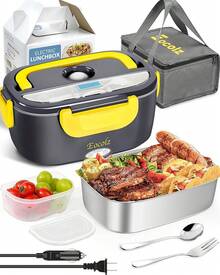 Lonchera Eléctrica - Fiambrera eléctrica de 60 a 80 W para adultos, calentador de alimentos portátil para coche, camión, trabajo, con tenedor y cuchara de acero inoxidable (Gray) - Gris Amarillo - Ver 13