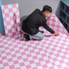1 Roll Of Retro Plaid Self-Adhesive Wallpaper, Geometric Pattern Checkerboard Decoration, Bathroom, Cabinet, Bookcase, Dining Table, Bedside Table, Light Pink Girly Style Decoration, Art Wall, Floor Decoration, Tile Stickers, Home Decor, Room Decor, Wall Decor - Pink - View 8