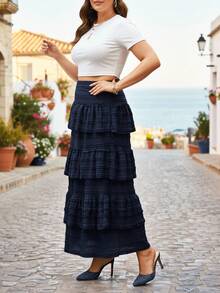 Falda acampanada con volantes de talla grande para mujer en azul profundo, cintura alta con dobladillo en capas y pretina forrada para otoño e invierno, falda midi elegante para el Día de San Valentín y Pascua, de la oficina al té de la tarde