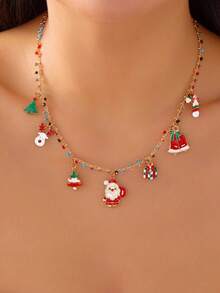 1 buc Lanț Reglabil din Aliaj cu Mărgele din Lut Polimeric, Colier cu Pandantiv de Crăciun cu Mai Multe Straturi, Moș Crăciun, Brad de Crăciun, Om de Zăpadă - Colier la Modă și Versatil pentru Femei, de Crăciun, Sărbători, Petrecere, Evenimente, Bijuterii Choker - Cadou (Culoare Aleatoare)