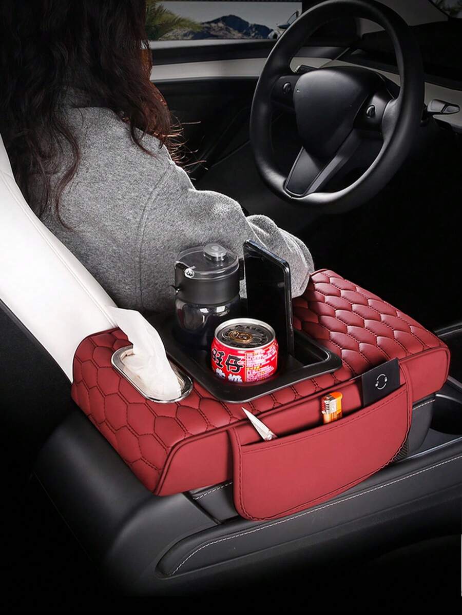 [Car Armrest Pad]Multifunctional Car Armrest Pad | Fashionable Embroidered Pattern Center Console Heightening Pad, With Cup Holder, Tissue Box And PU Leather Side Storage Pocket - Multicolor - View 1