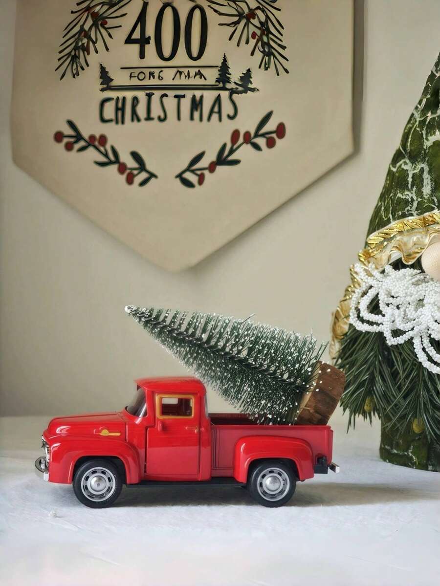 1 pieza - Decoración de camión rojo estilo granja para Navidad, modelo de camión rojo retro de metal, camioneta vintage roja de metal con adornos de mini árboles de Navidad, para el hogar, la cocina, la granja, regalos de Navidad, regalos de cumpleaños, decoraciones para hornear pasteles, adecuado como regalos de Navidad y cumpleaños.