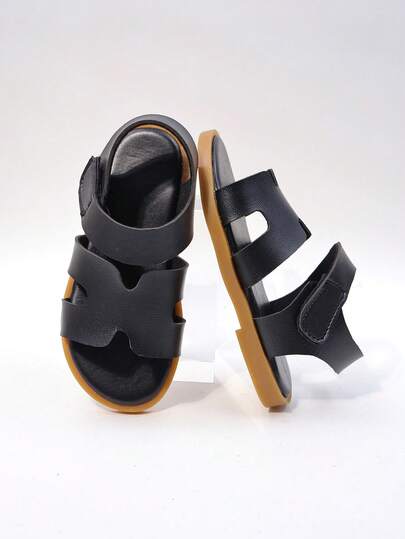 1 Pair Kids' Simple H-Strap Design Retro Comfortable Breathable Open Toe Hook And Loop Low Heel Casual Sandals, Suitable For Daily Casual And Vacation