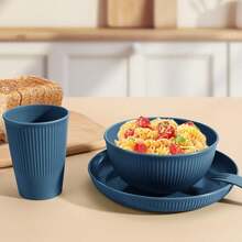 Juego de platos y cuencos de cocina, 42 piezas, juego de vajilla de paja de trigo de plástico, plato de cena/plato de postre, tazón de cereales, taza/cubiertos, apto para lavaplatos y - Marino - Ver 8