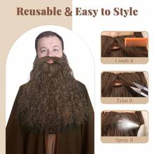 18 Inches Men's Long Curly Brown Synthetic Pre styled Realistic Fake Beard for Wizard Costume and Halloween Party Brown - Marrón - Ver 5