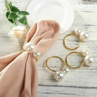 10pcs/50pcs/100pcs Faux Metal Pearl Napkin Rings, Gold Napkin Holders, Table Napkin Clips, Wedding Reception Tableware Decor, Suitable For Party, Home Dining